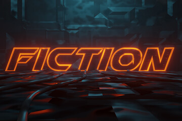 Wall Mural - 3d rendering of cyberpunk word fiction illuminated in orange in metal background. artificially illum