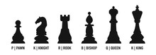Chess Piece Icons With Names. Board Game. Black Chess Silhouettes Isolated On White Background. Illustration.