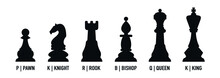 Chess Piece Icons With Names. Board Game. Black Chess Silhouettes Isolated On White Background. Vector Illustration.