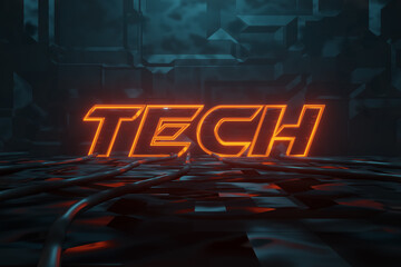 Wall Mural - 3d rendering of cyberpunk word tech illuminated in orange in metal background. artificially illumina
