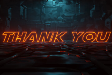 Wall Mural - 3d rendering of cyberpunk word thank you illuminated in orange in metal background. artificially ill