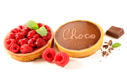 Wall Mural - chocolate cake and raspberry tart isolated on white background