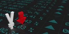 3D Rendered Currency Exchange Values On Global Stock Markets Concept: A Red Falling Arrow Pointing Downwards. Chinese Money Yen Or Yuan Symbol In Front Of Financial Data Analysis Board.
