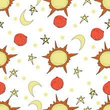 Nursery seamless pattern. Hand drawn  solar system, stars, planets, spaceships, rockets.