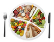 © New Africa - Cutlery near plate with different products on white background, top view. Balanced food
