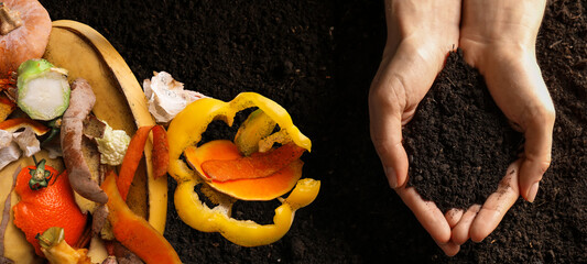 Organic waste for composting and woman holding handful of soil, top view. Natural fertilizer