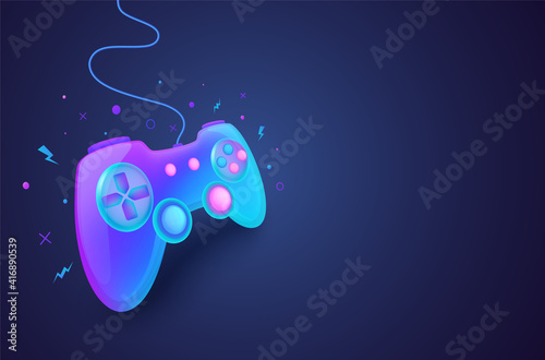 Neon game controller for controlling PC and console games. Game background co...