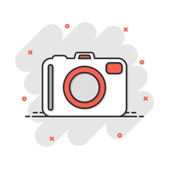 Vector cartoon photo camera icon in comic style. Photographer cam sign illustration pictogram. Camera business splash effect concept.