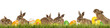Sechs kleine Osterhasen mit Ostereiern auf einer grünen Wiese isoliert auf weissem Hintergrund