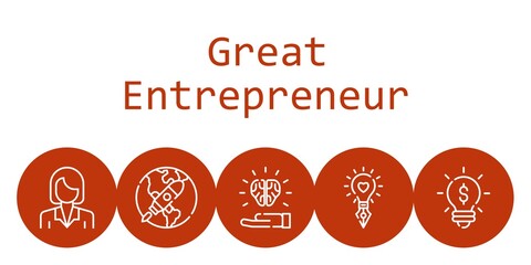 Poster - great entrepreneur background concept with great entrepreneur icons. Icons related startup, idea, businesswoman