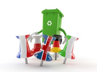 Wall Mural - Dustbin character with thumbtacks in flags