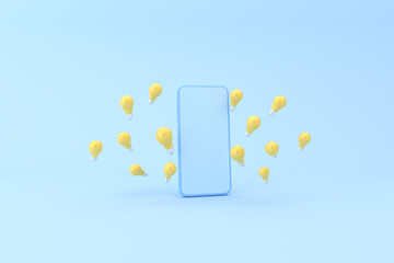 Poster - 3d rendering of mobile phone and floating light bulb. Minimal concept.