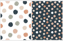 Abstract Geometric Irregular Vector Patterns With Polka Dots. Cute Gray, Brown, Dark Blue And Pale Green Brush Dots On A White And Dark Blue Background. Simple Hand Drawn Dotted Print. 