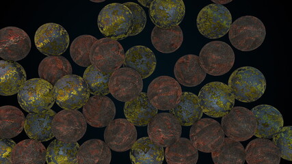 Poster - Many falling rusty spheres, computer generated. 3d render of abstract old backdrop