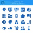 © Anna - creating an online business icon set. 20 filled icons on theme creating an online business. collection of Church, Parkings, Friends, Bitcoin, Shopping cart, Dimension, Manager