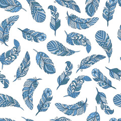 Wall Mural - Seamless pattern with set of abstract blue feathers on a white background