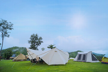 camp and pitch a tent under the forest on the hill with a beautiful morning sun