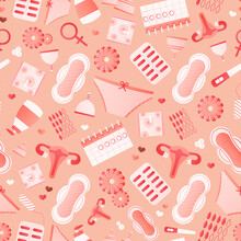 Women Hygiene Objects Seamless Pattern With Pads, Menstrual Cups, Pills, Tampons, Monthy Cycle