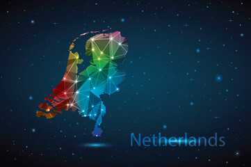 Abstract Polygon Map of Netherlands. Vector Illustration Low Poly Color Rainbow on Dark Background.