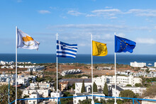 Flags - Cyprus, Greece, Orthodox Church And European Union In Republic Of Cyprus