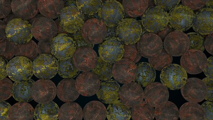 Poster - Many falling rusty spheres, computer generated. 3d render of abstract old backdrop