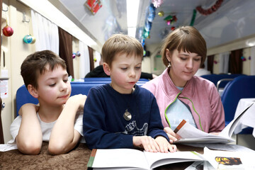 Family in train carriage restaurant