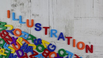 Fototapete - Colorful alphabet letters spelling word - Illustration - in diagonal line above multicolored scattered letters with copyspace above on grey wood. Stop motion, top view