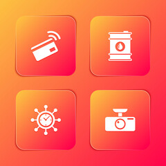 Sticker - Set Contactless payment, Barrel oil, Clock and gear and Car DVR icon. Vector.