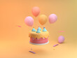 Flying birthday cake celebration with sweet balloons greeting card concept 3d rendering