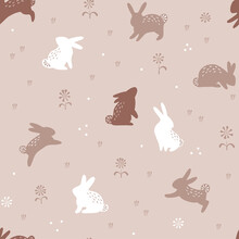 Easter Spring Bunny Vector Seamless Pattern. Illustration Of Little Rabbit In Floral Field For Textile Or Wrapping Surface. Happy Easter Ornament For Christian Spring Holidays.