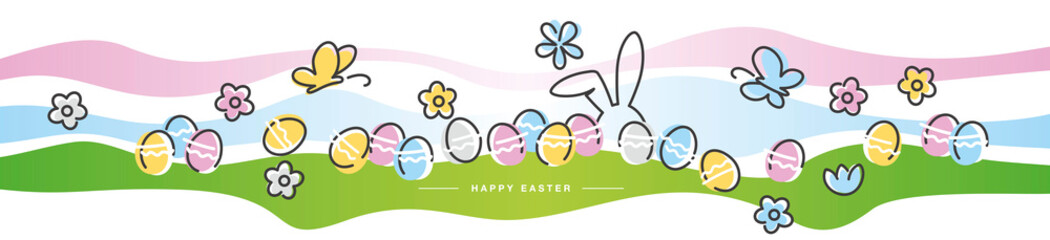 Wall Mural - Easter line design butterfly rabbit and spring flowers tulips colorful eggs silhouette in green grass background Easter egg hunt greeting card