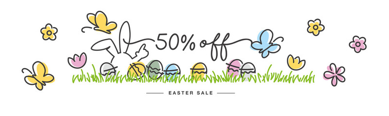 Sticker - Easter Sale 50 percent off handwritten typography lettering line design bunny colorful flowers butterflies tulips Easter eggs in grass egg hunt white greeting card