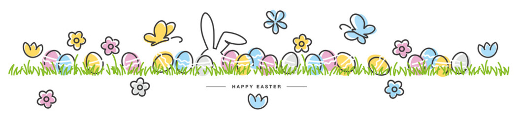 Sticker - Easter line design butterfly rabbit and spring flowers tulips colorful eggs in green grass Easter egg hunt white greeting card