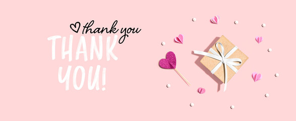 Wall Mural - Thank you message with a small gift box and paper hearts