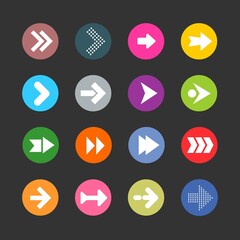 Poster - Arrow sign icon set. Simple circle shape internet button on grey background. Contemporary style. illustration