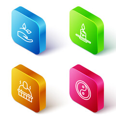 Sticker - Set Isometric line Leaf in hand, Aroma candle, Sauna spa procedures and Yin Yang icon. Vector.