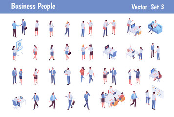 Isomeric business people big vector set. Business men and women. Teamwork, cooperation, coworking. Workspace. Vector characters isolated on white background..