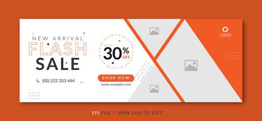 Flash sale facebook cover page timeline web ad banner template with photo place modern layout white background and orange shape and text design