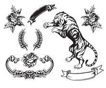 Tiger, Flourishes, Feather Roses And Banners Old School Tattoo Style Hand Drawing Illustrations Pack For Designers
