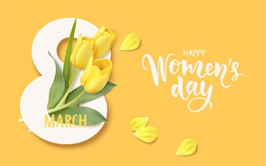 Wall Mural - Happy Womens Day. 8 March design template. Calligraphic lettering text with decorative gift box and yellow tulip flowers. Flat lay. Vector stock illustration