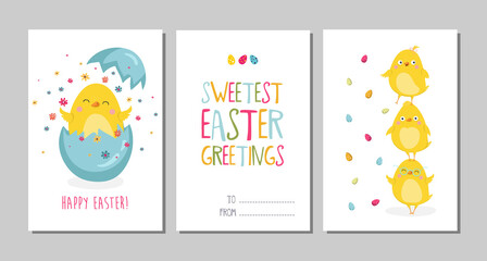  Set of Easter cards with cute cartoon chicken and type design . Easter greetings cards.