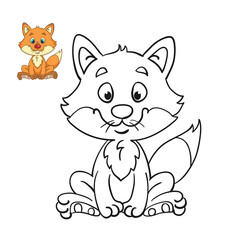 Poster - Funny cute fox. Black and white picture for coloring book with a colorful example. In cartoon style. Isolated on white background. Vector illustration.