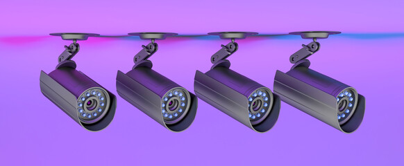 Sticker - set of cctv cameras in neon purple lighting