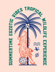 Fototapete - palm tree and tiger illustration with slogan print design