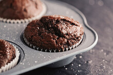 Just Baked Chocolate Muffins In Tray, Homemade Comfort Food Recipe