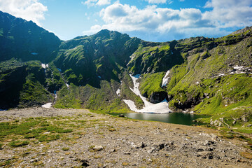 balea lake in fagaras mountain of romania. beautiful landscape in summertime. rocky slopes with grass in snow. sunny weather with fluffy clouds on the sky. popular travel destination