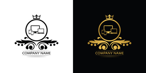 Poster - Smart Devices logo template luxury royal vector service company. Phone , tablet, laptop , computer shop decorative emblem with crown	