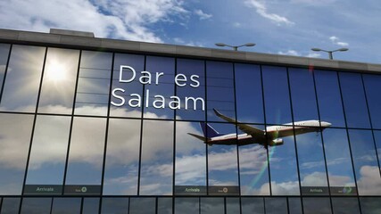 Wall Mural - Plane landing at Dar es Salaam, Tanzania 3D rendering animation. Arrival in the city with the glass airport terminal and reflection of jet aircraft. Travel, business, tourism and transport concept.