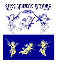 Full Metal Wings Slogan Print Design With Angels Holding Guns Illustration