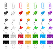 Pins And Paper Clips Set. Colored Binder Clips, Push Pins, Flags And Tacks. Realistic Stationery. Office Supplies. Vector Illustration.